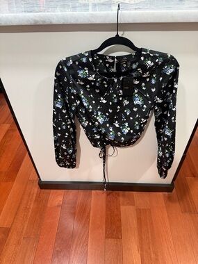 Maje Black Floral Drawstring Long-Sleeve Crop Top